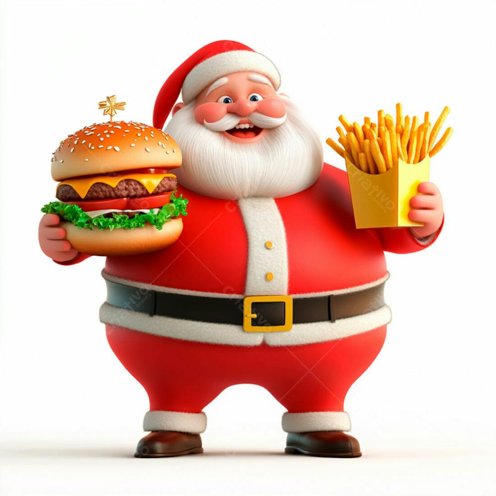 Papai Noel Segurando Um Delicioso Hambúrguer E Batatas Fritas 3D