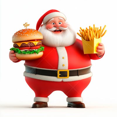 Papai Noel Segurando Um Delicioso Hambúrguer E Batatas Fritas 3D