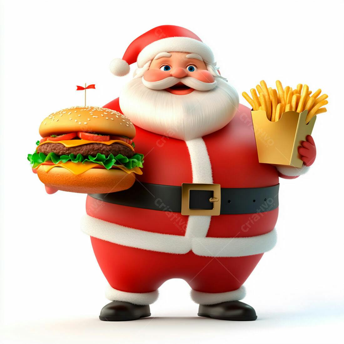 Papai Noel com hambúrguer e batatas fritas