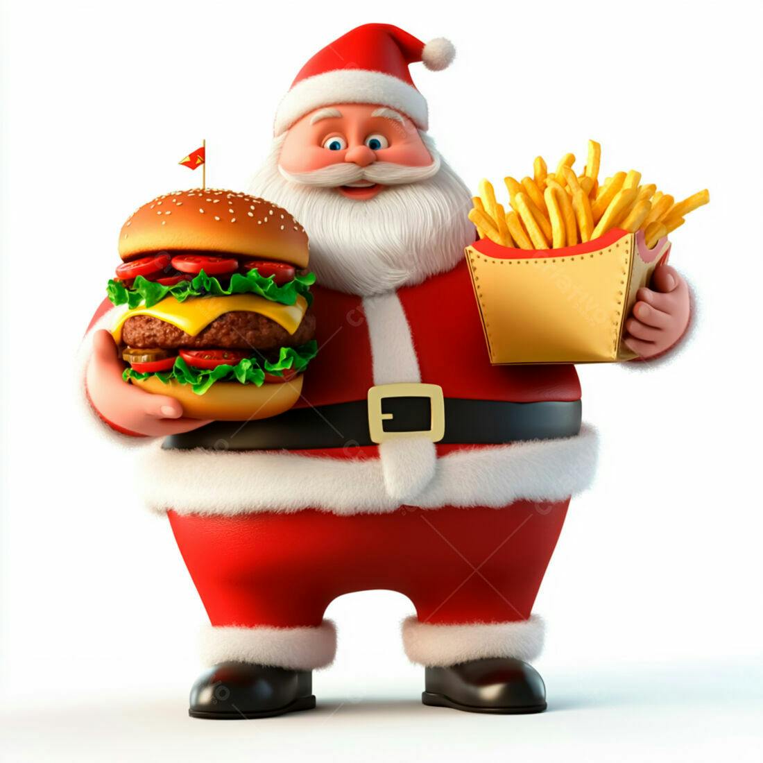 Papai Noel com hambúrguer e batata frita