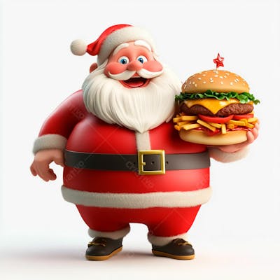Papai Noel Segurando Um Delicioso Hambúrguer E Batatas Fritas 3D