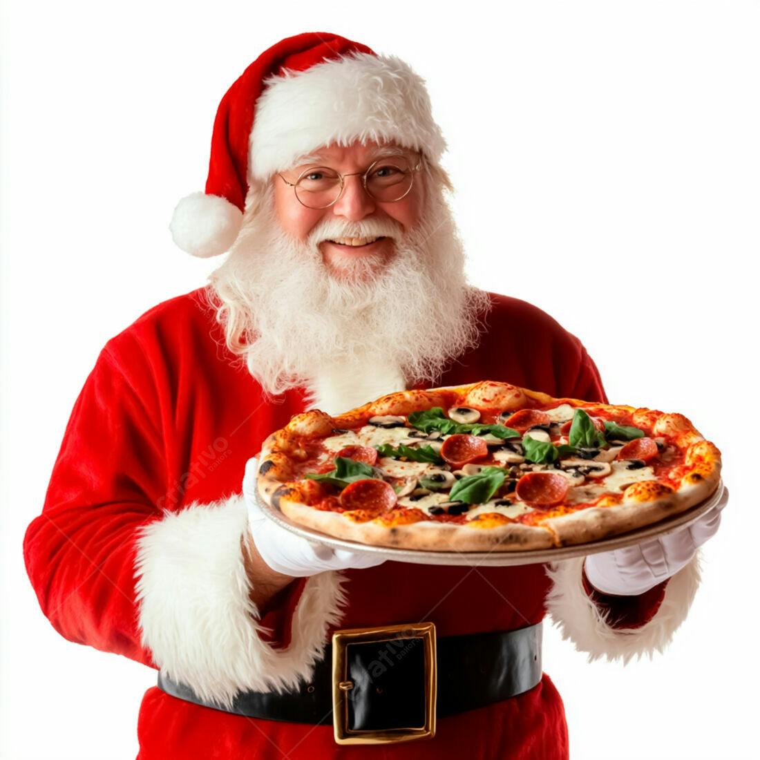 Papai Noel com pizza de Natal deliciosa