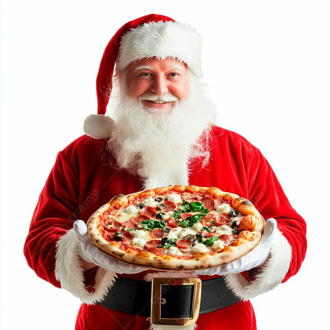 Papai Noel com pizza deliciosa de Natal