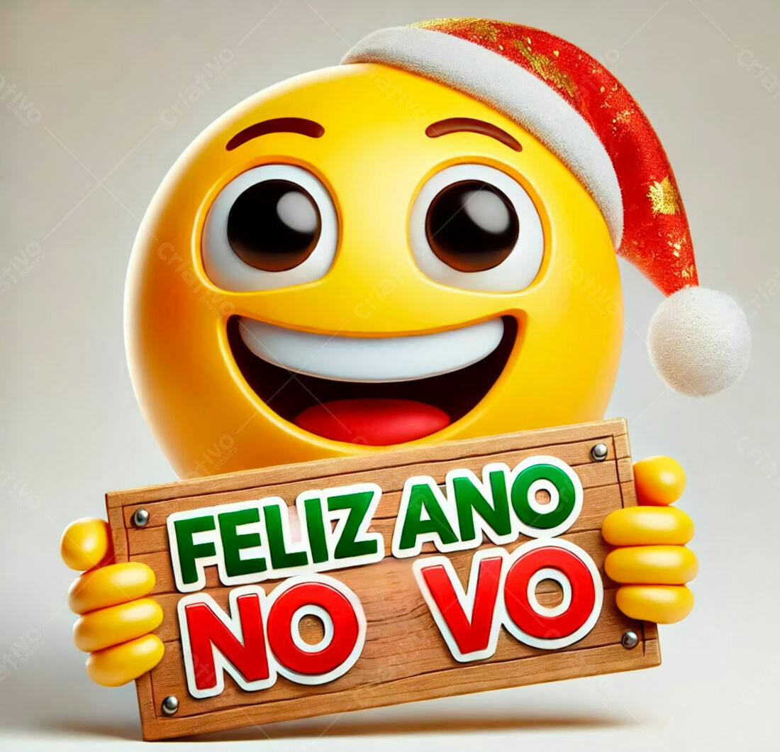 Emoji Feliz de Natal com placa Feliz Ano Novo