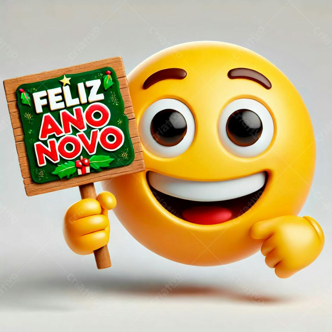 Emoji Feliz Ano Novo com placa de madeira