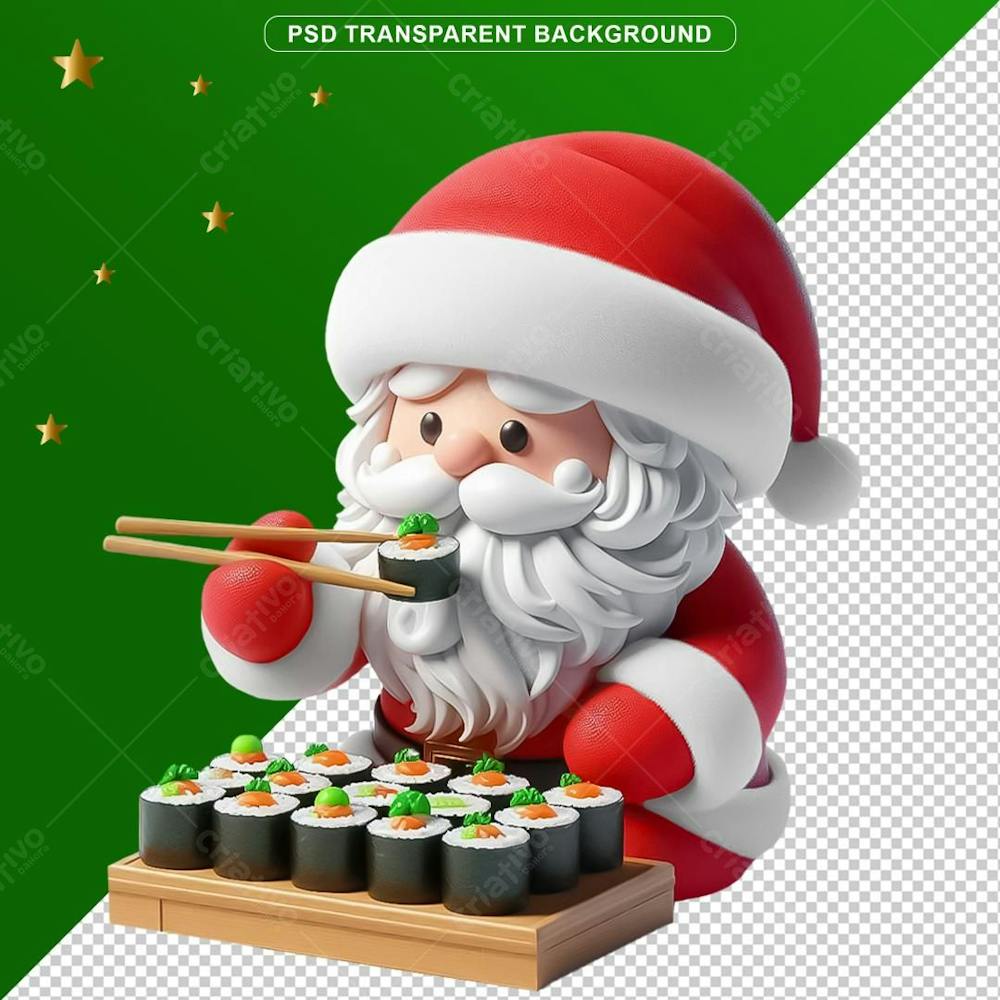 Elemento 3D De Natal Papai Noel Comendo Sushi Png Transparente