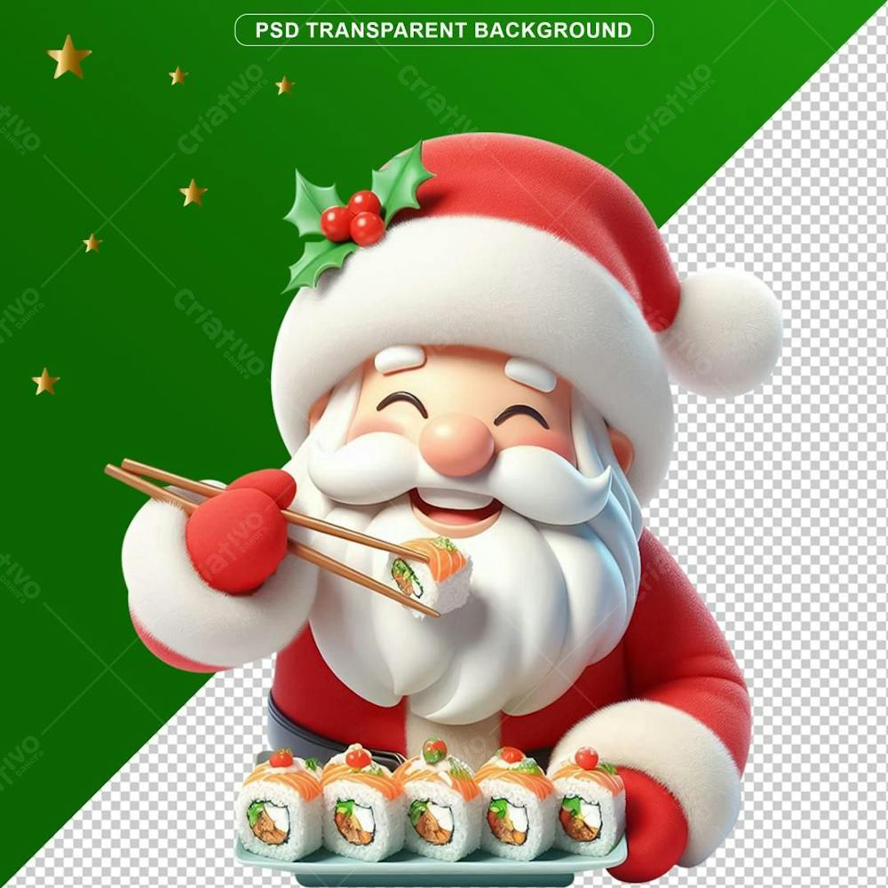 Elemento 3D De Natal Papai Noel Comendo Sushi Png Transparente