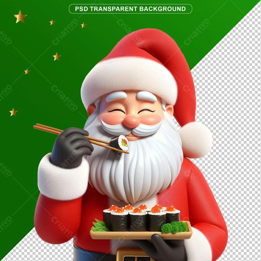 Elemento 3D De Natal Papai Noel Comendo Sushi Png Transparente