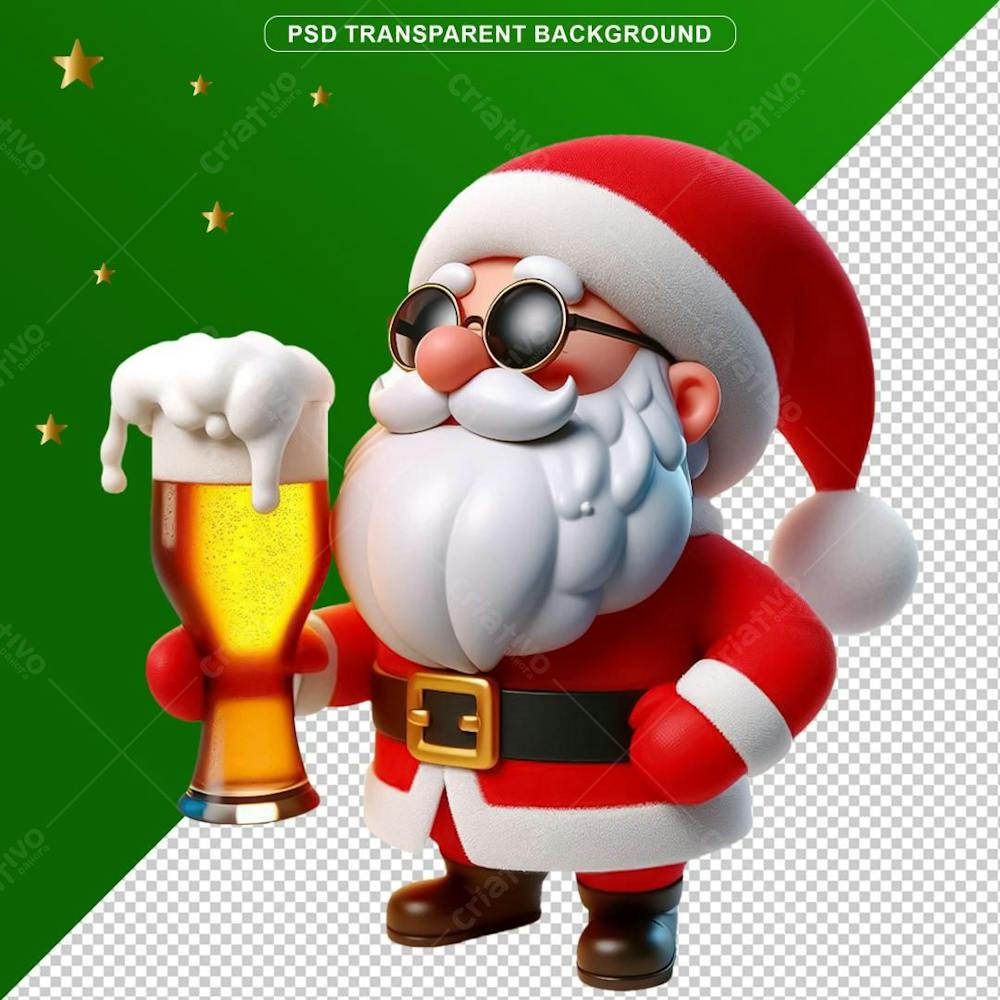 Elemento 3D De Natal Papai Noel Com Cerveja Png Transparente