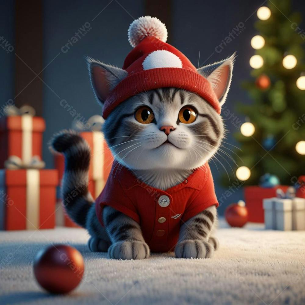 Um Gato Com Chapéu De Papai Noel Sentado No Chão