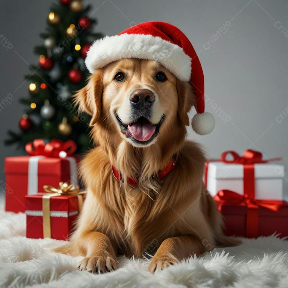 Golden Retriever Com Chapéu De Papai Noel No Natal