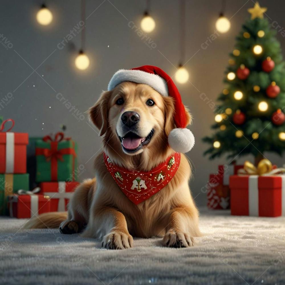 Golden Retriever Com Chapéu De Papai Noel No Natal