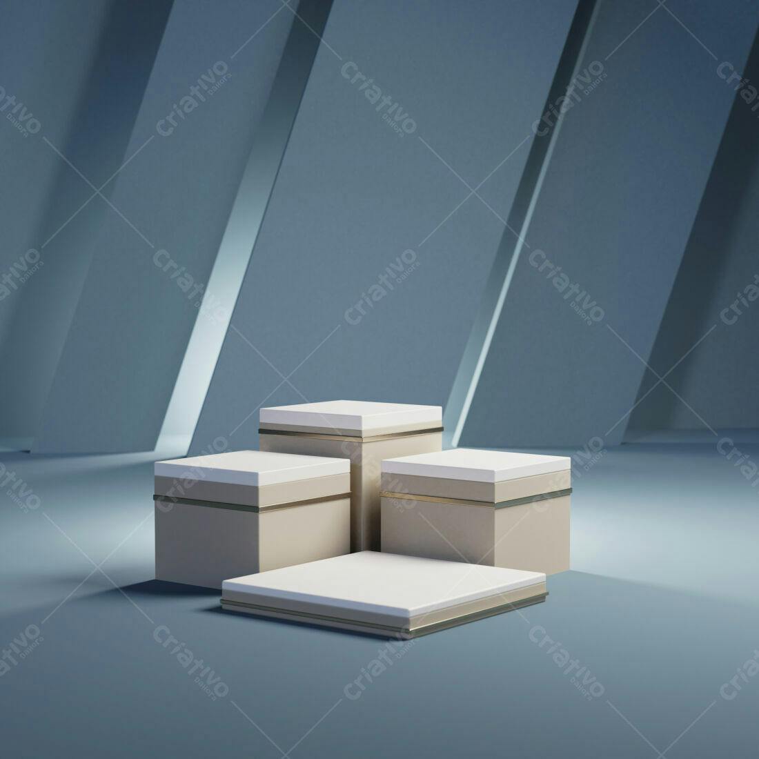 Três cubos expositivos bege e branco