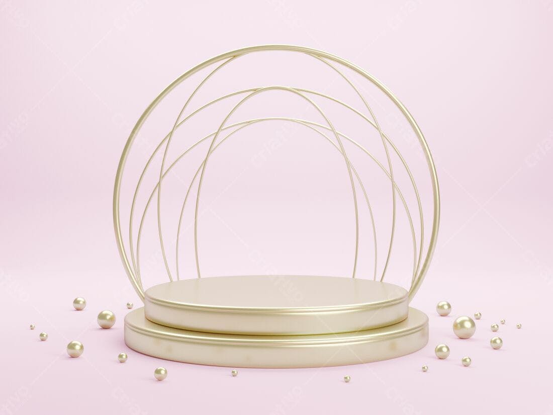 Pódio dourado com estrutura circular e esferas