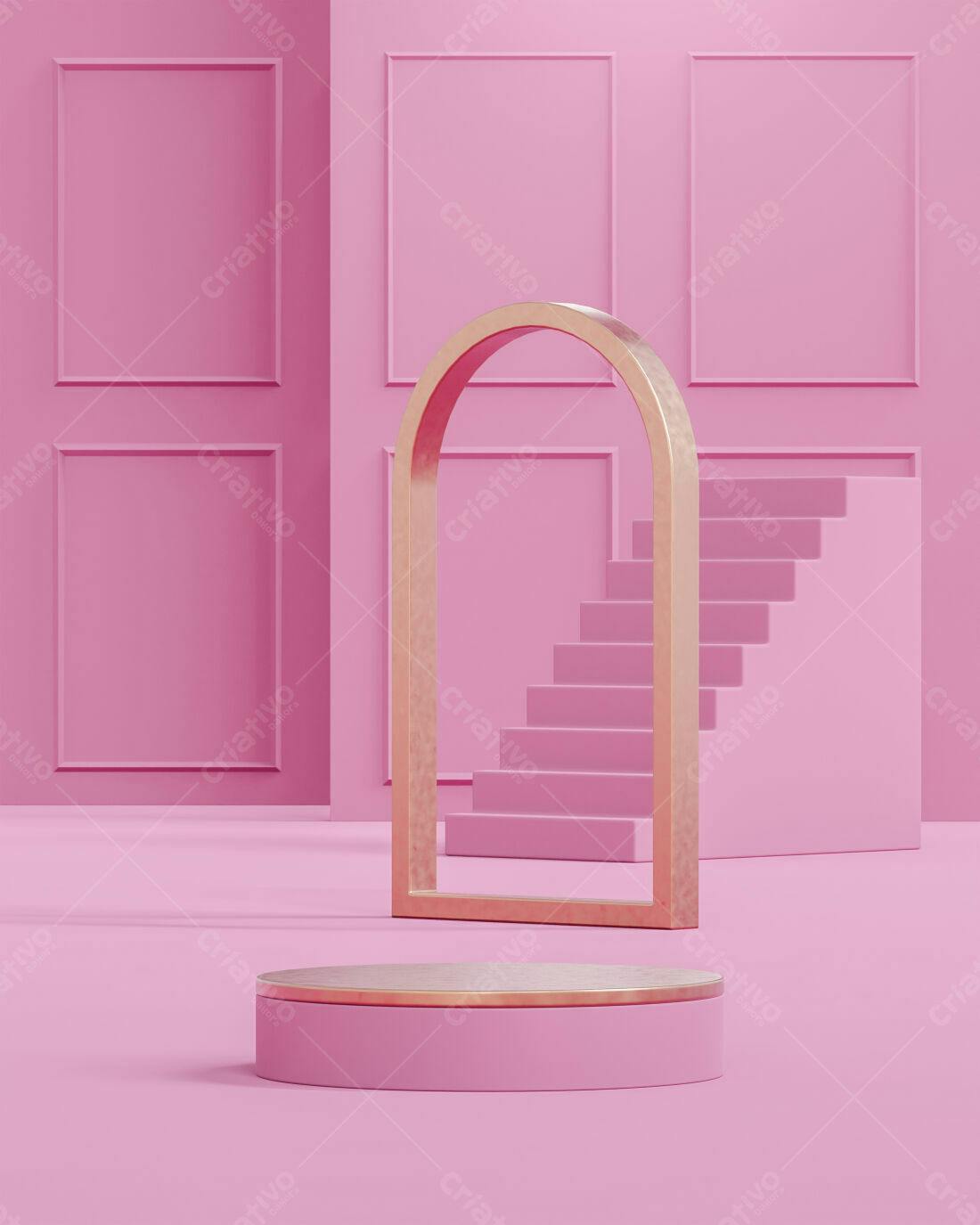 Plataforma Rosa com Arco Dourado e Escada