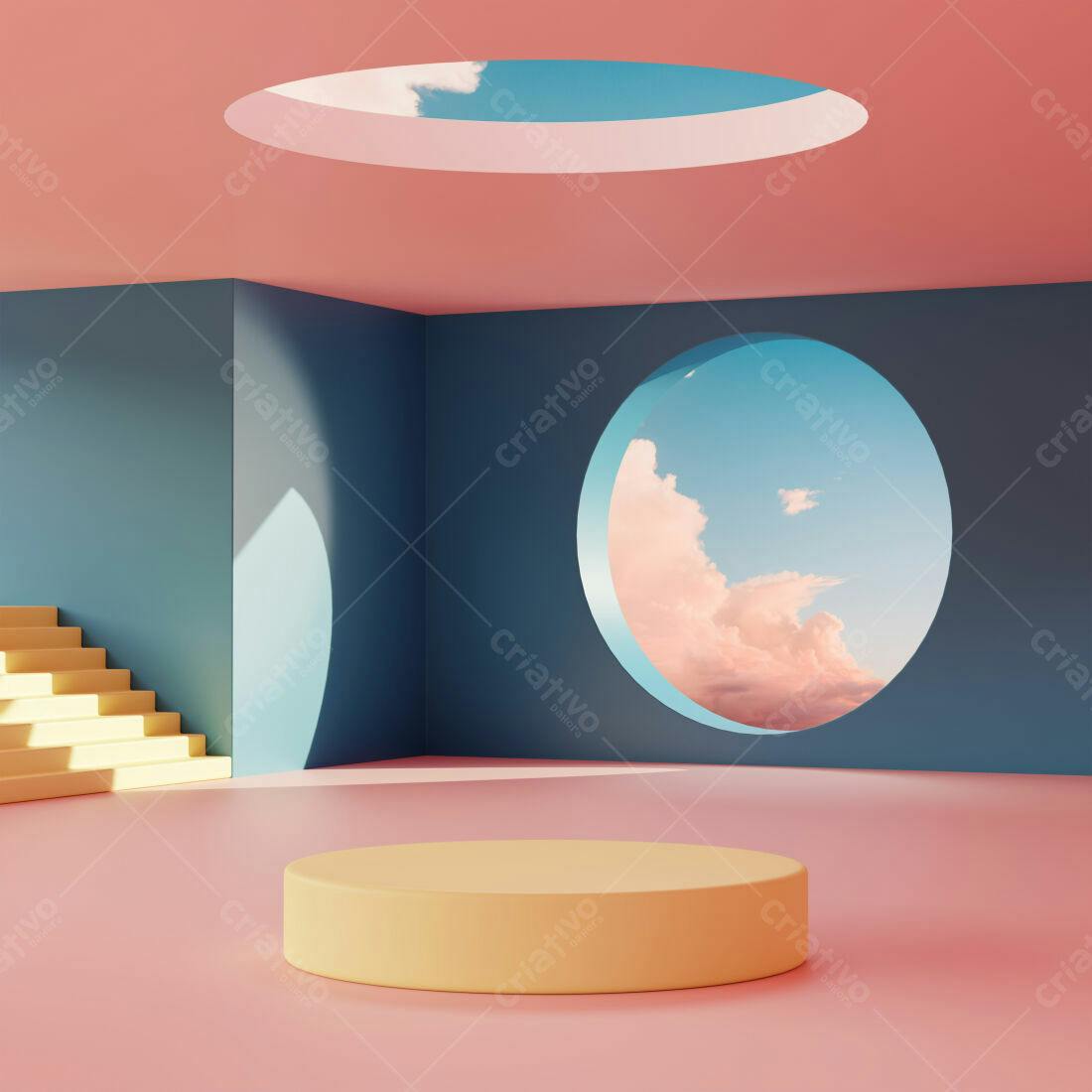 Ambiente minimalista com pedestal amarelo e céu rosa