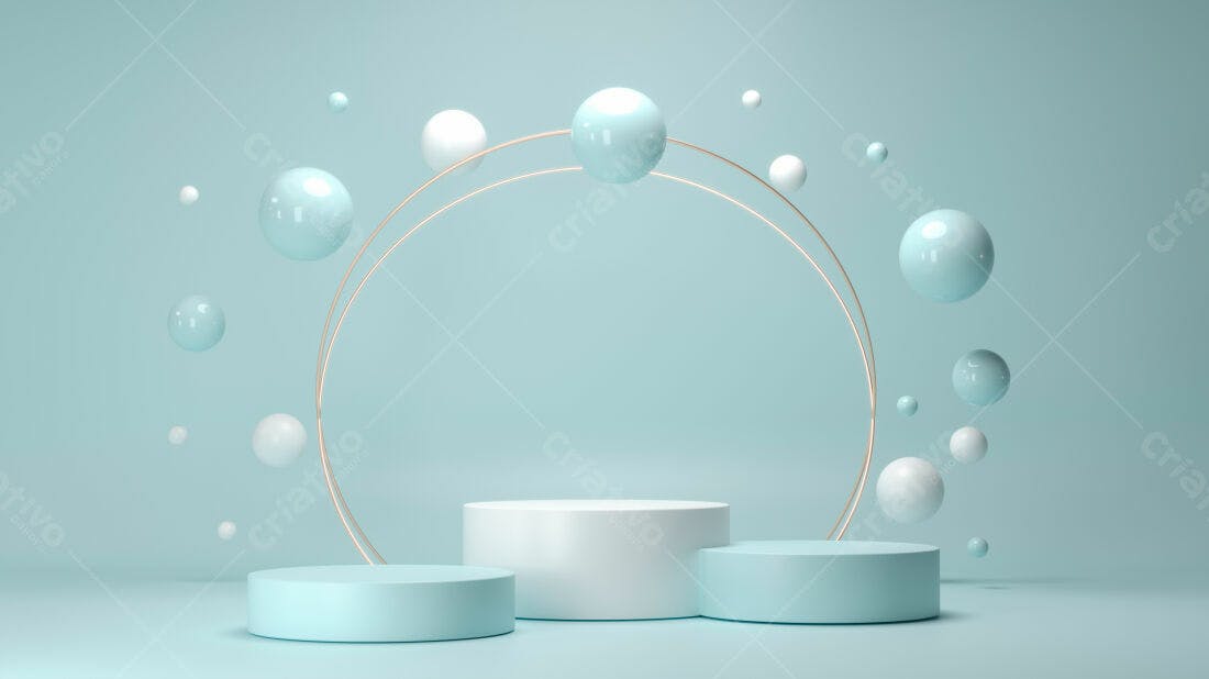 Plataforma minimalista com esferas azuis e brancas