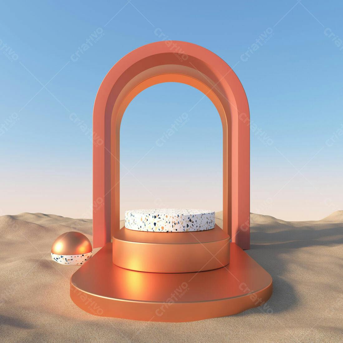 Podio minimalista em tons terrosos no deserto