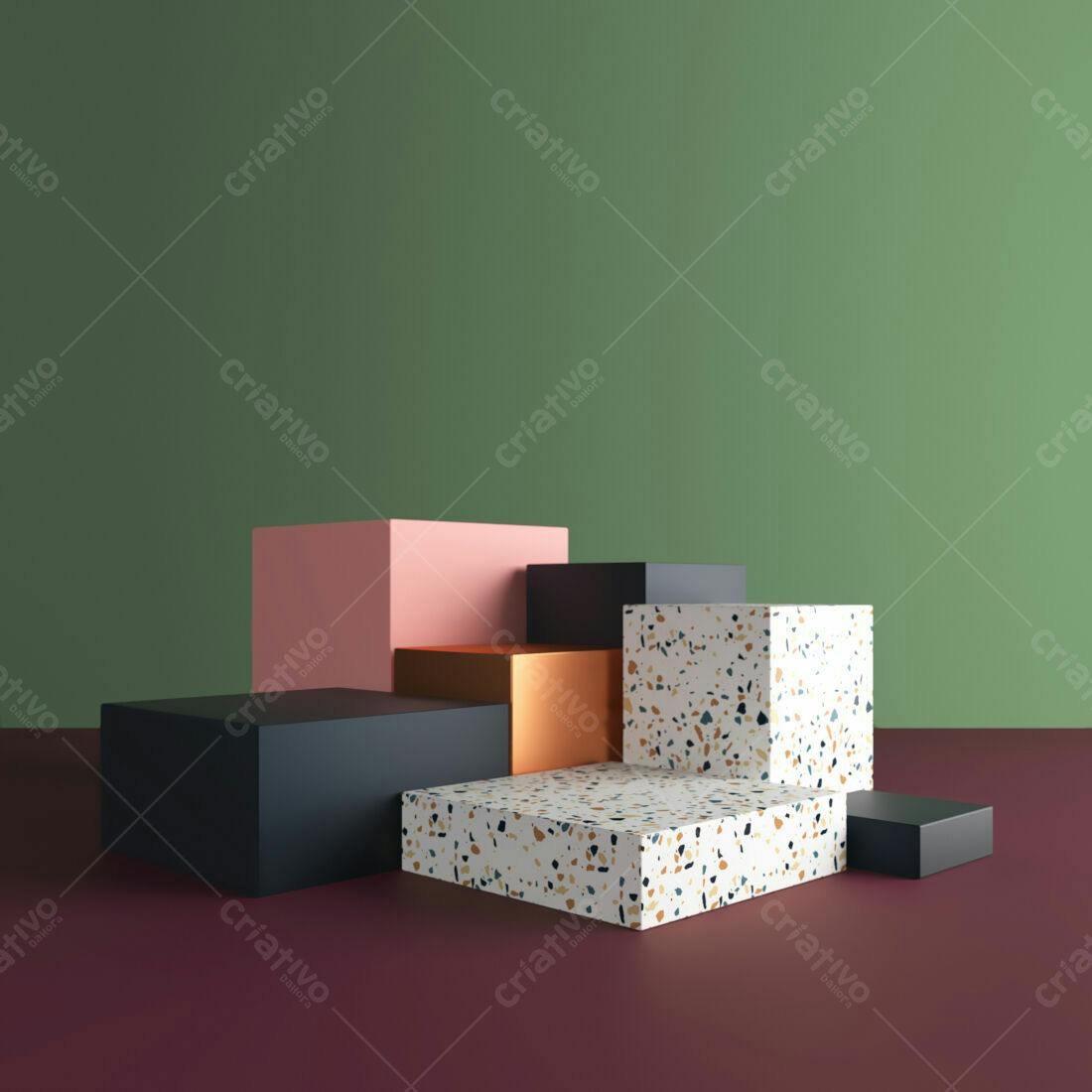 Cubos geométricos coloridos em cenário minimalista