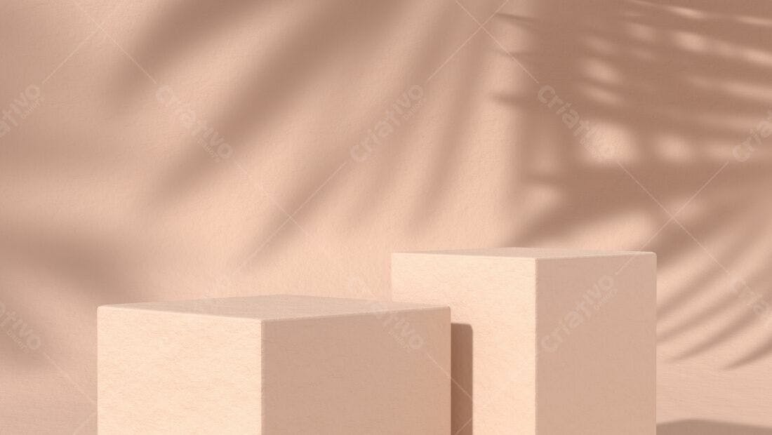 Dois cubos bege em fundo neutro com sombras de folhagens