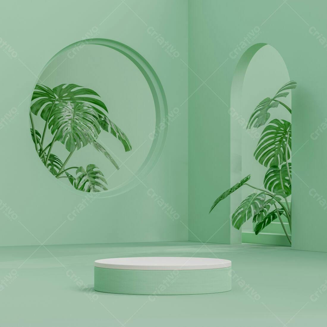 Plataforma circular em cenário verde menta com Monsteras