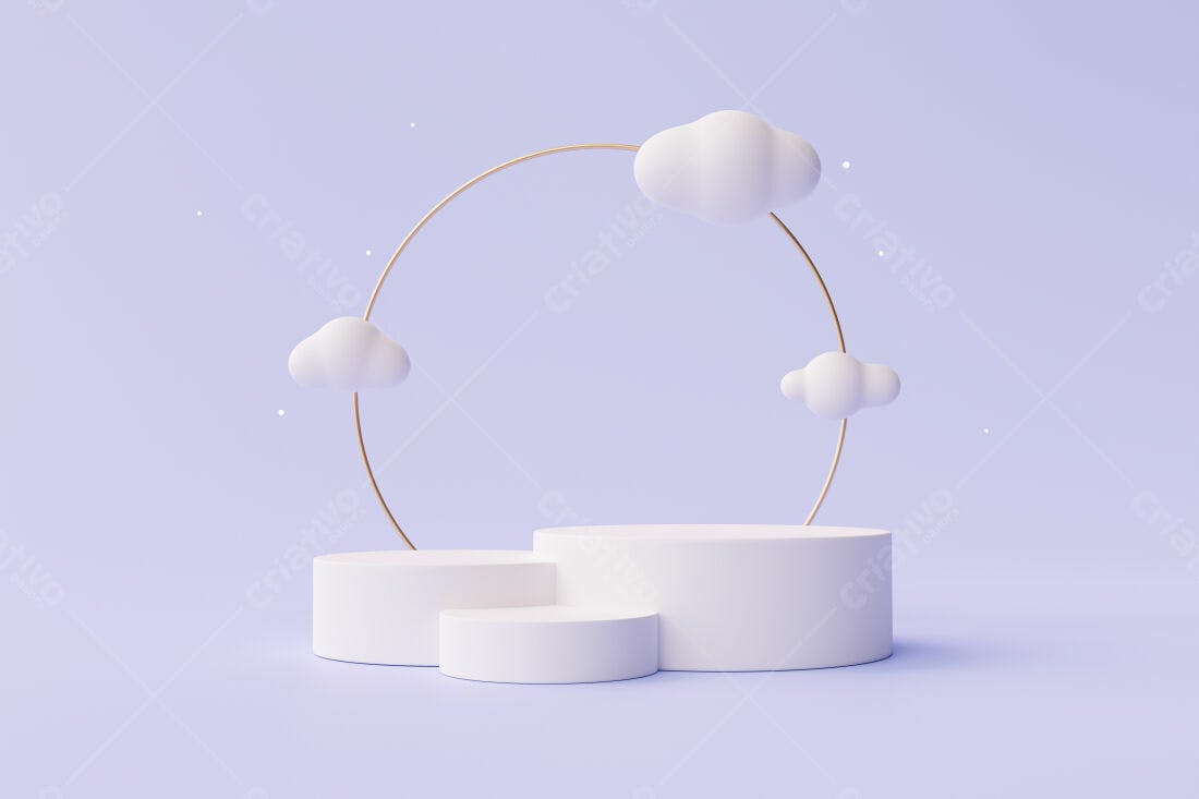 Plataforma minimalista com nuvens e aro dourado