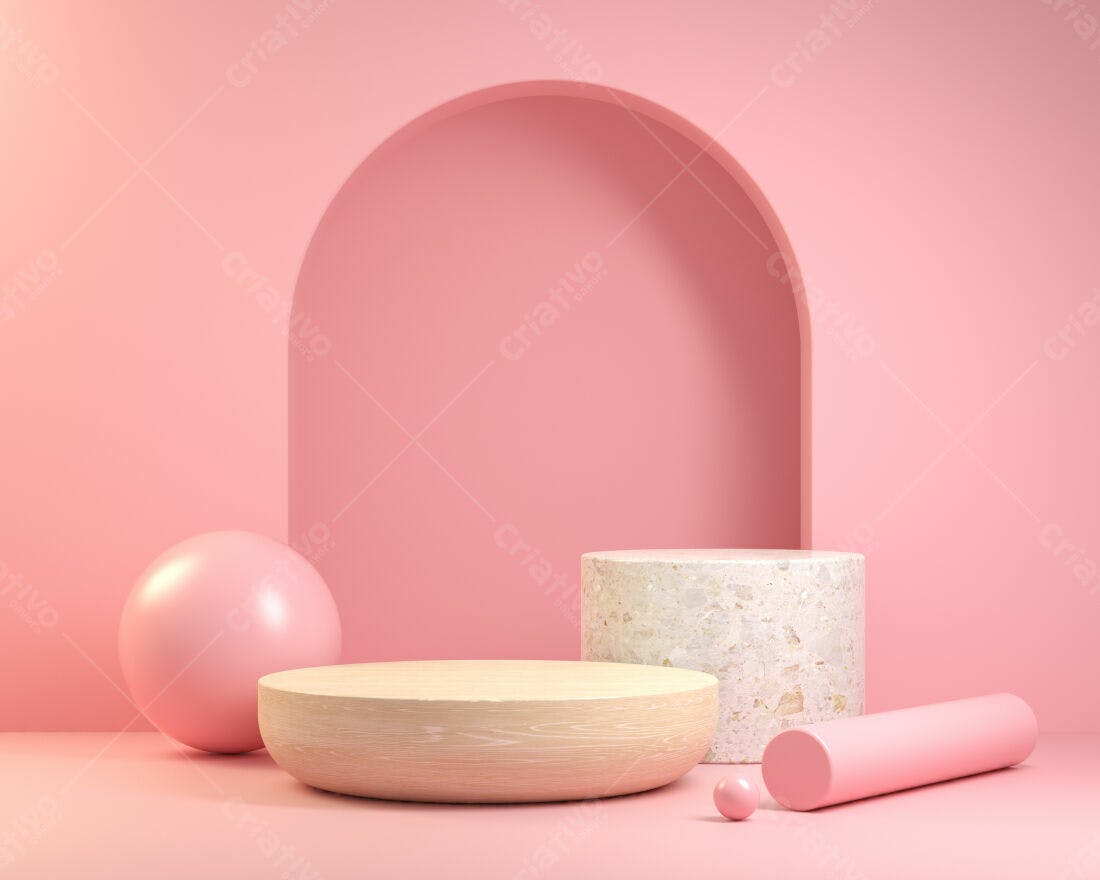 Palco Rosa com Pedestal de Madeira e Pedras