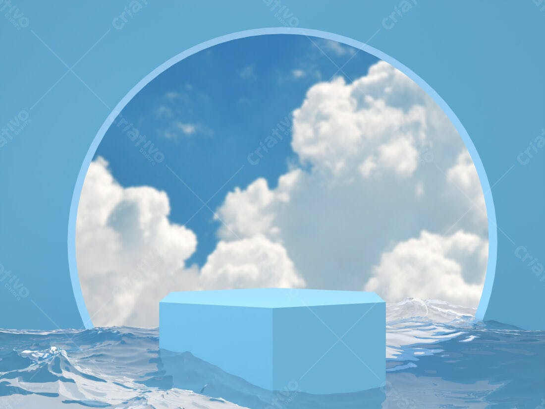Plataforma azul em água com céu azul e nuvens