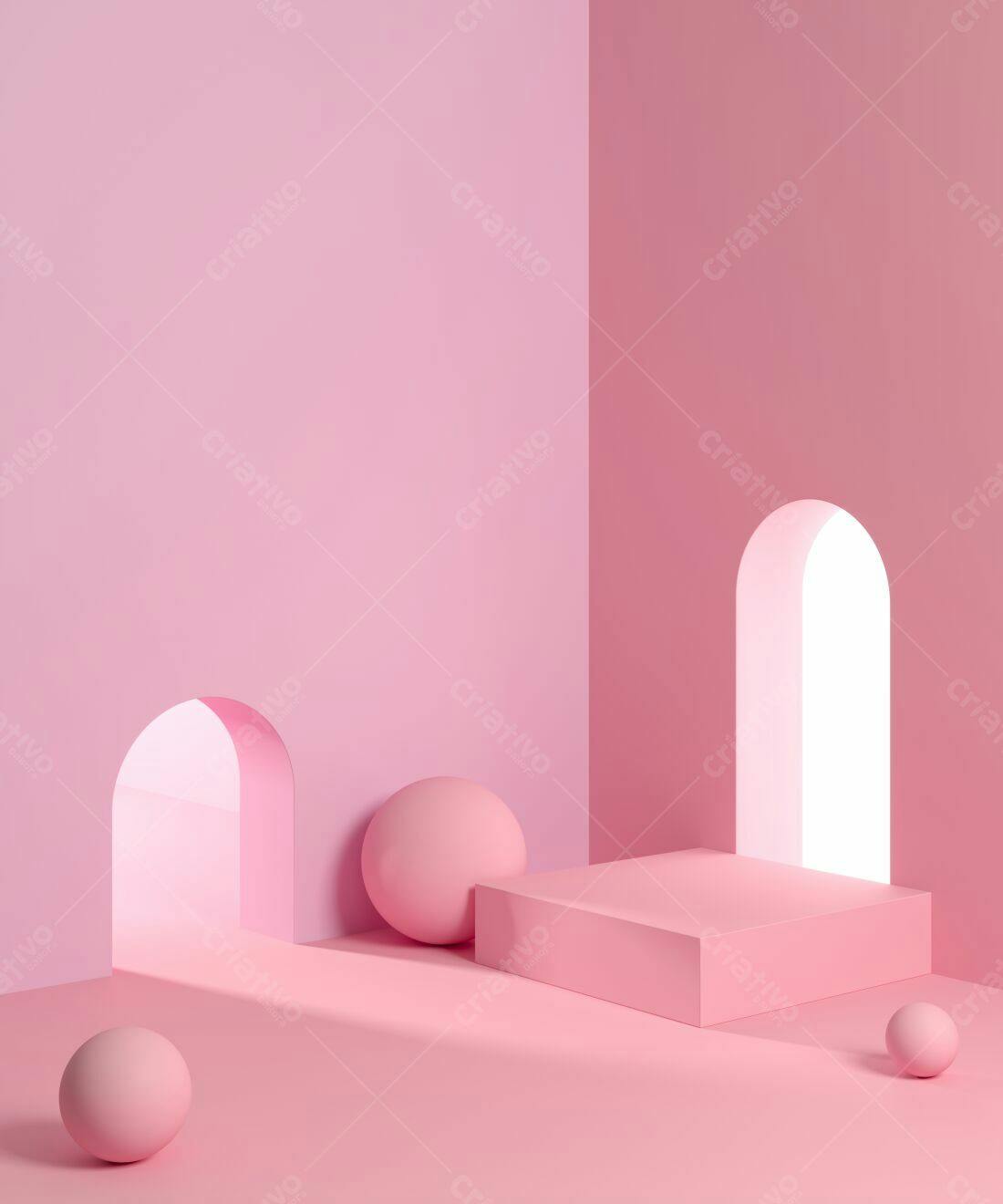 Cenário minimalista rosa com cubos e esferas