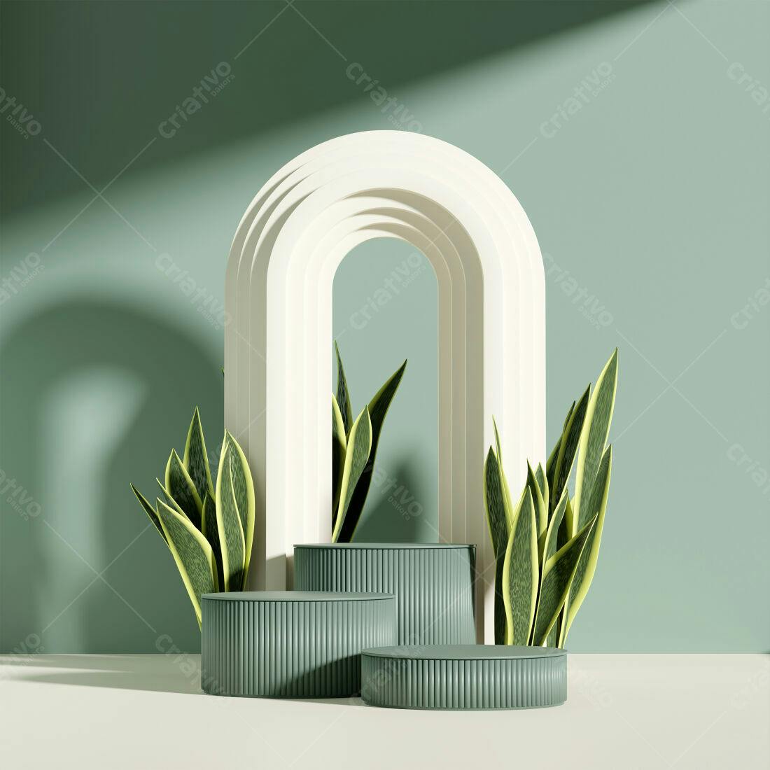 Cenário minimalista com plantas e pódios verdes
