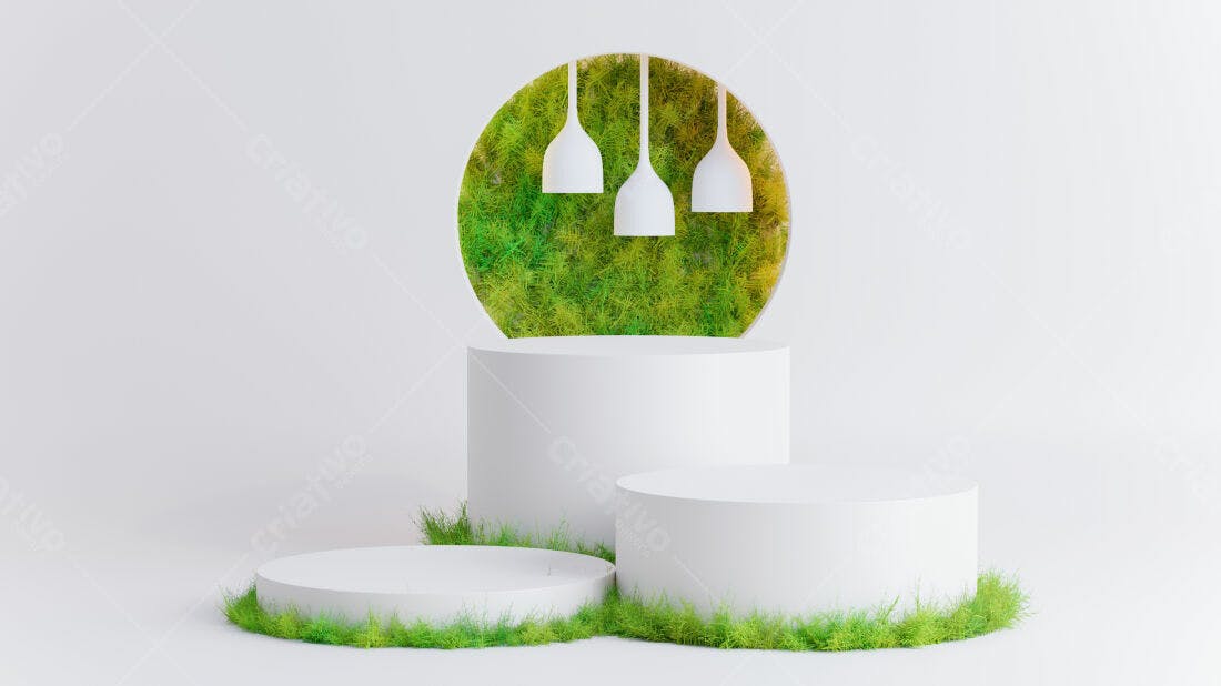 Plataforma branca com grama e luminárias