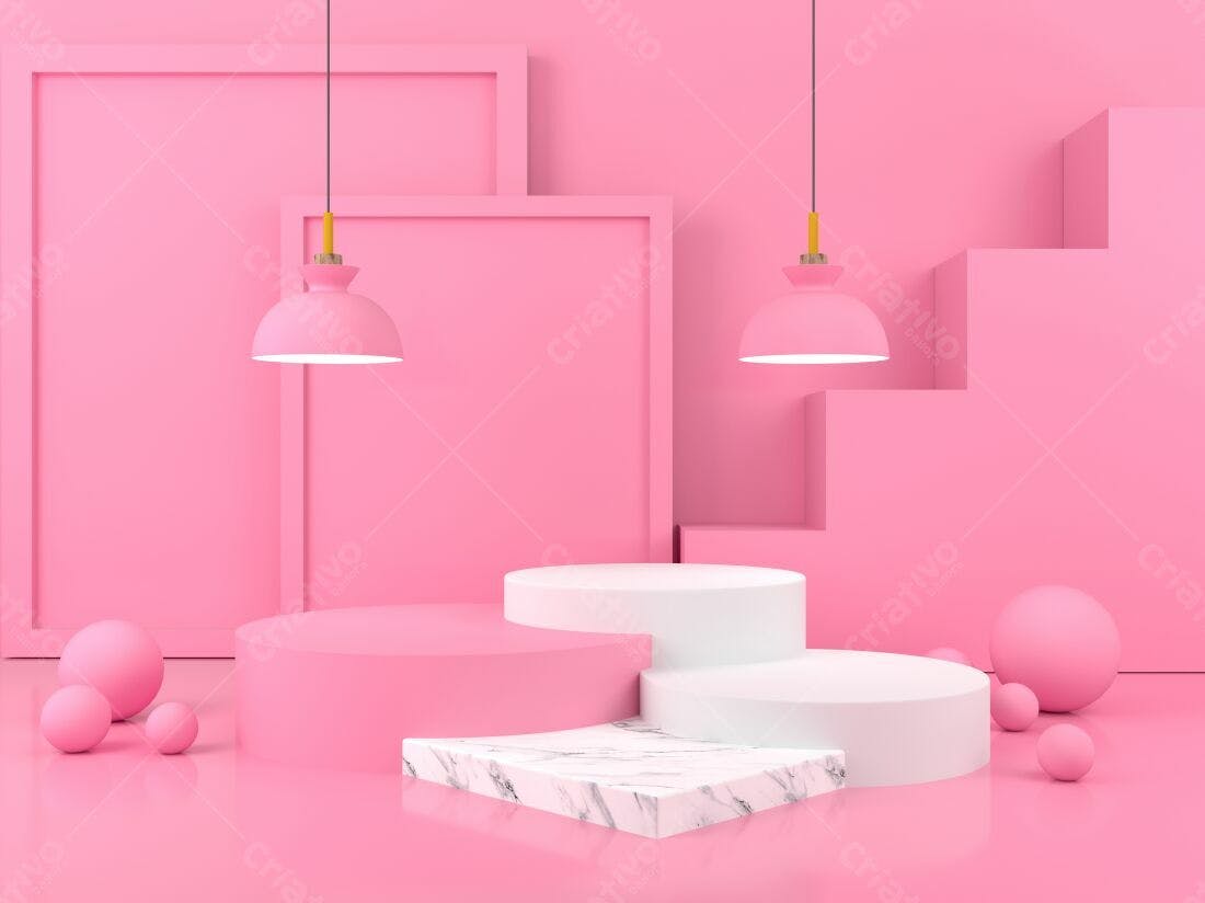 Cenário rosa com plataformas e esferas