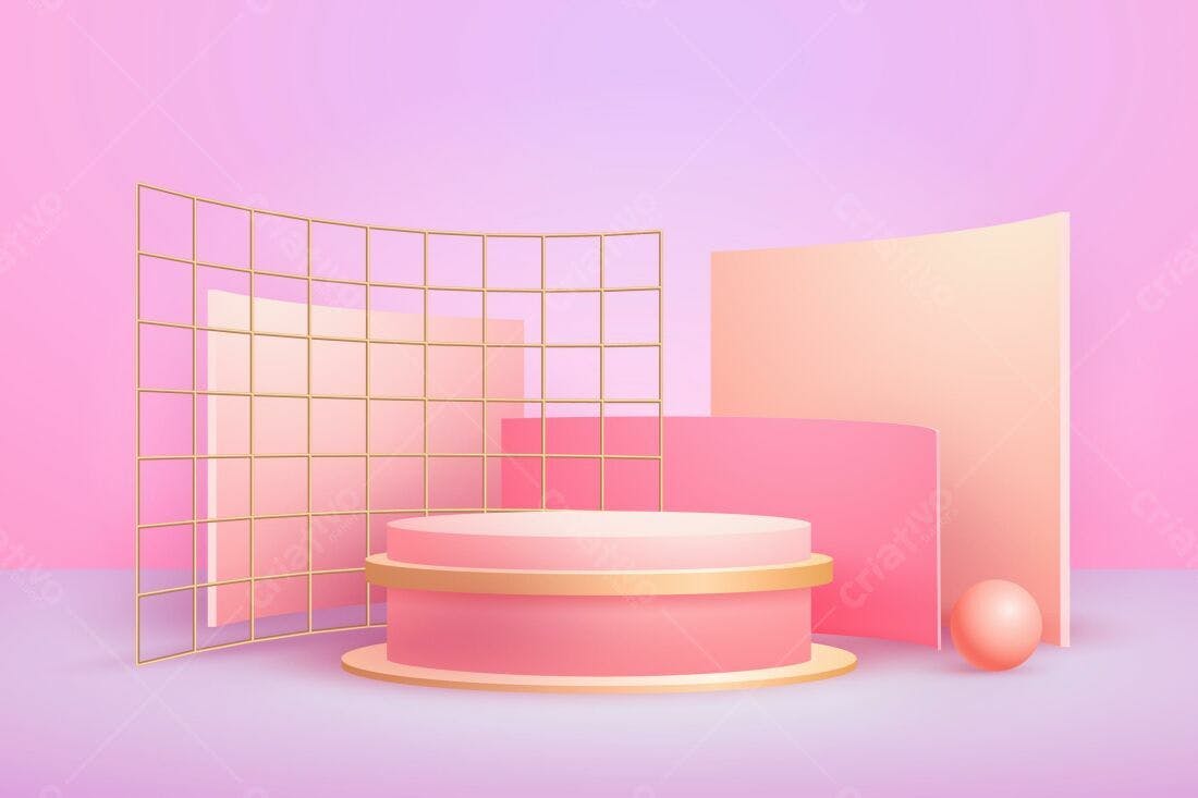 Palco rosa com grade dourada e esfera
