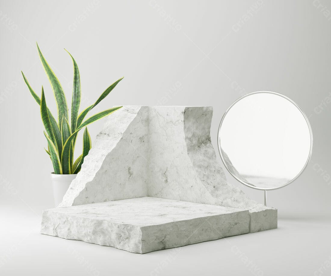 Composição minimalista com pedra mármore planta e espelho