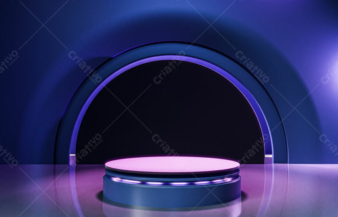 Plataforma circular iluminada em ambiente azul