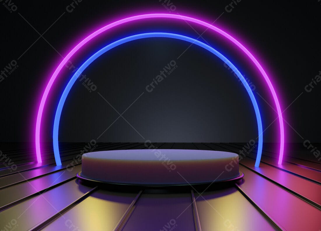 Plataforma com iluminação neon rosa e azul