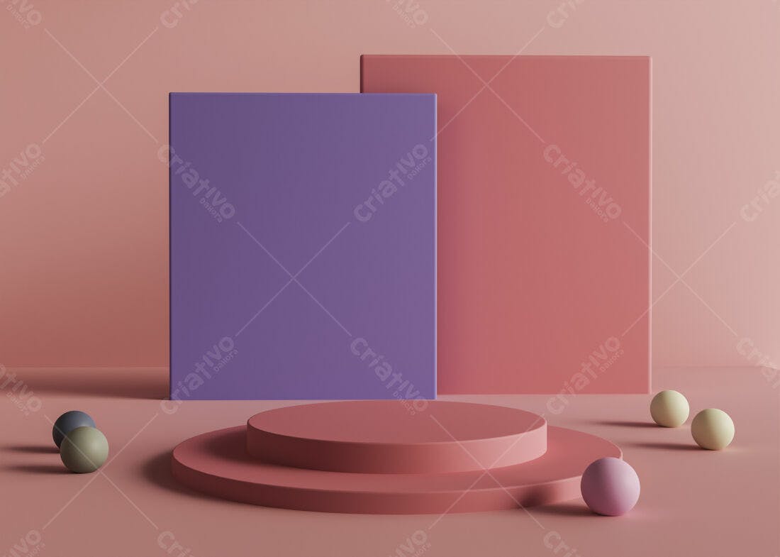 Plataforma geométrica rosa e lilás com esferas