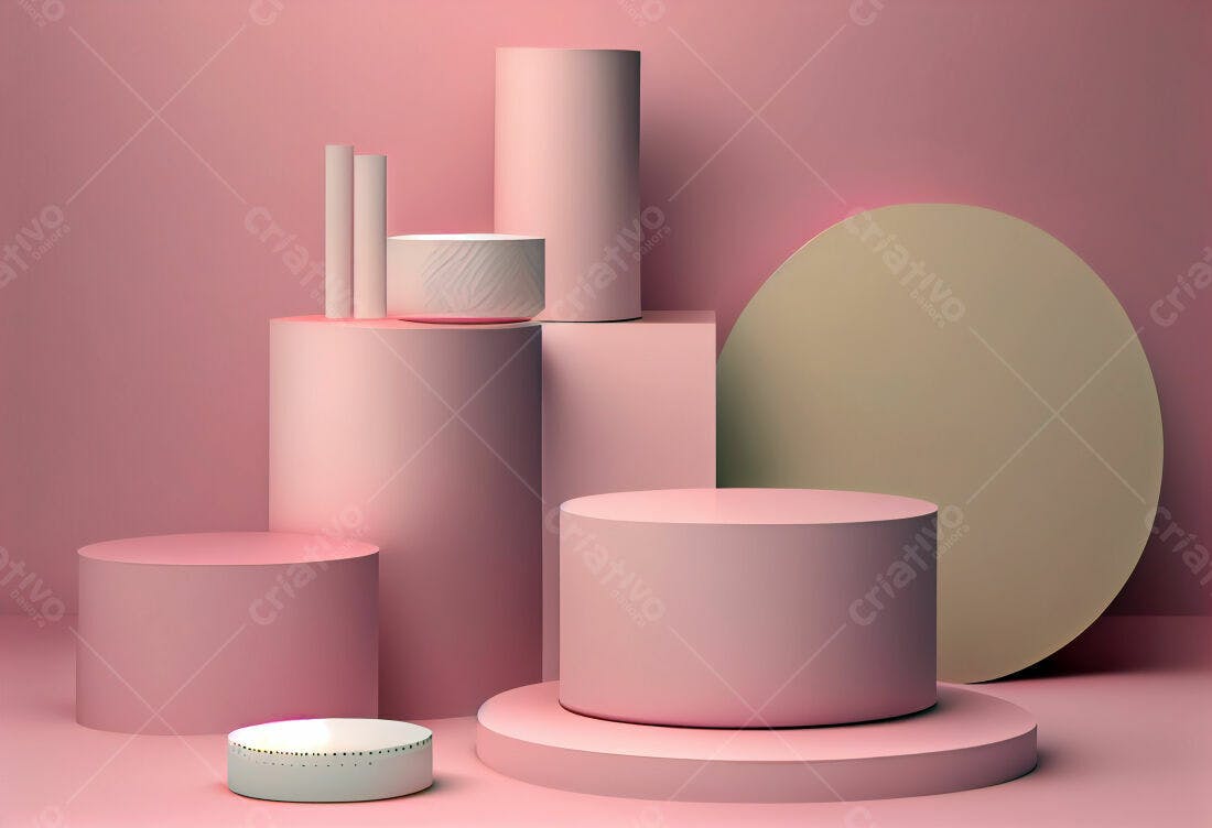 Cenário minimalista rosa com cilindros e plataformas