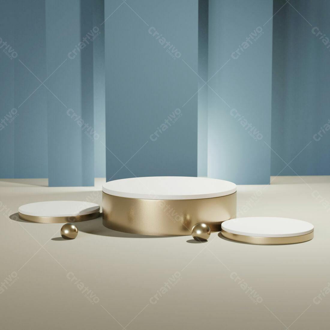 Pódio dourado e branco em cenário azul