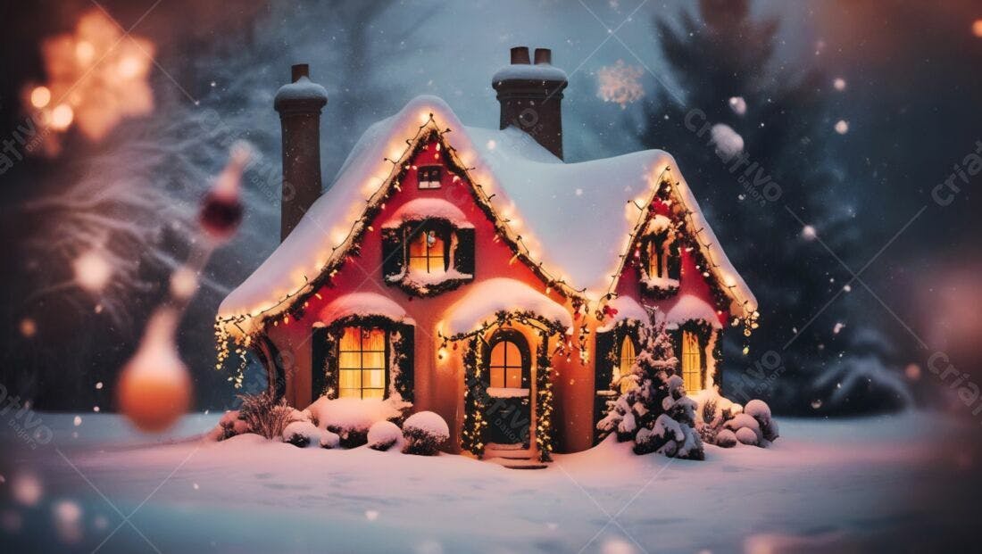 Casa de Natal nevada com luzes