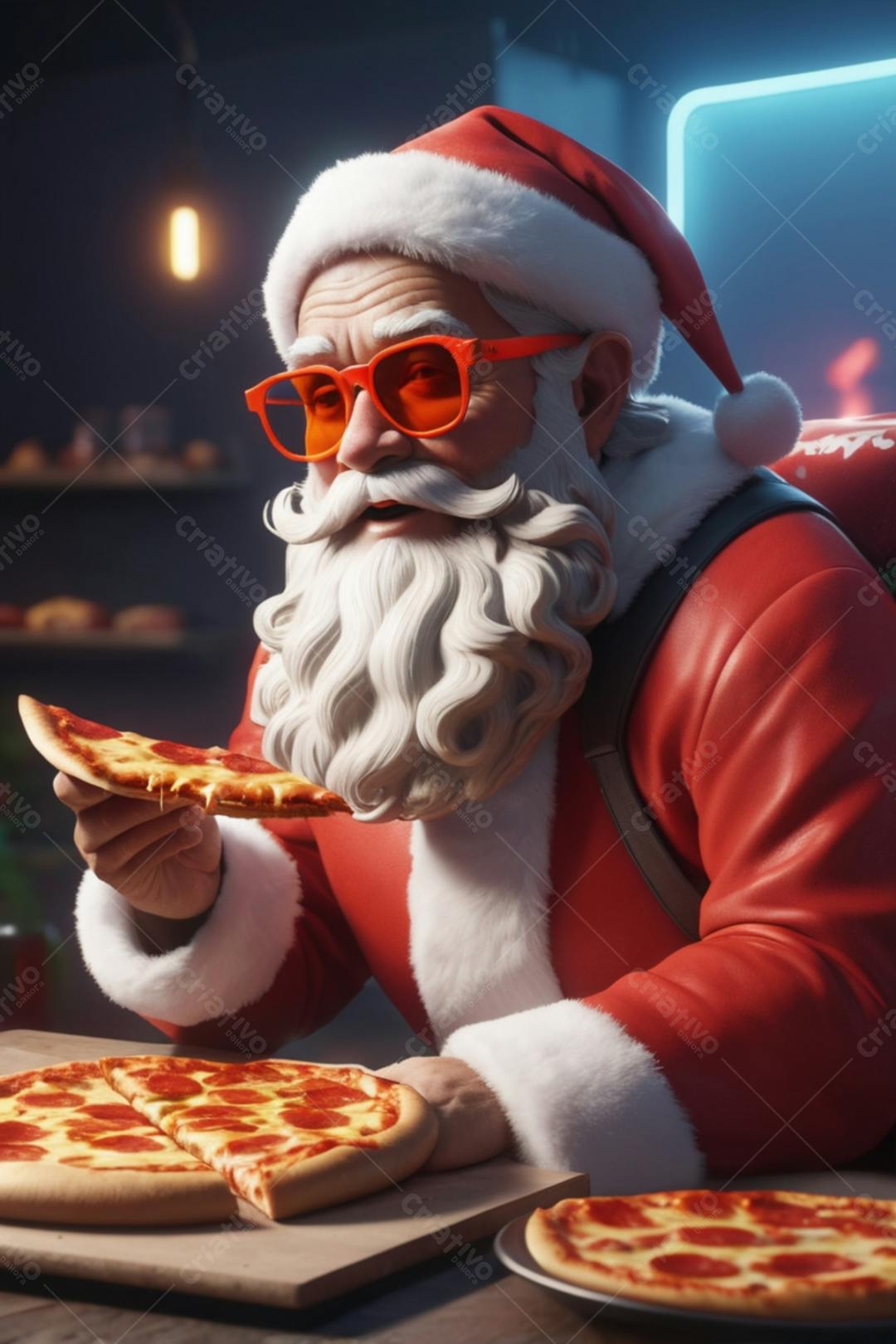 Papai Noel moderno comendo pizza