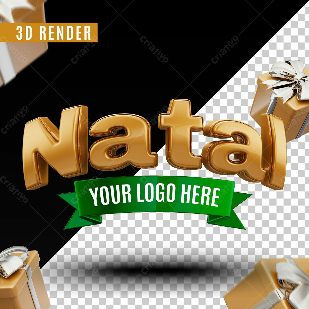 Selo 3D Natalino Dourado com Fita Verde