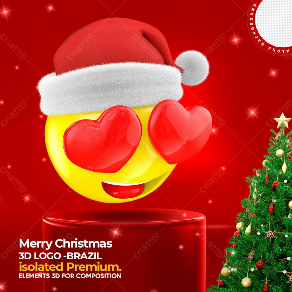 Elemento 3D Para Composicao Emoji Carinha Com Coracoes E Gorro De Natal Psd