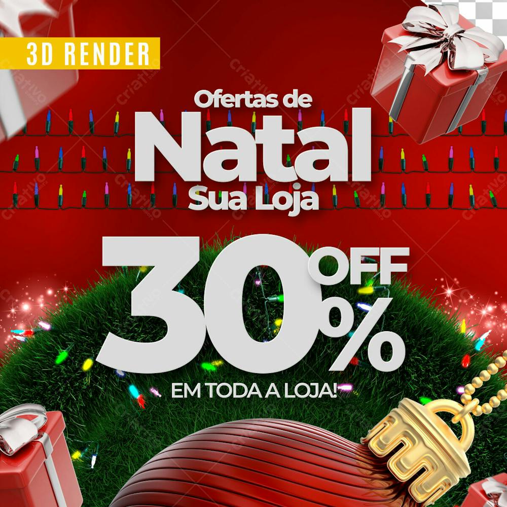 Selo 3D Ofertas De Natal Sua Loja 30% Off Para Composicao Psd Editavel