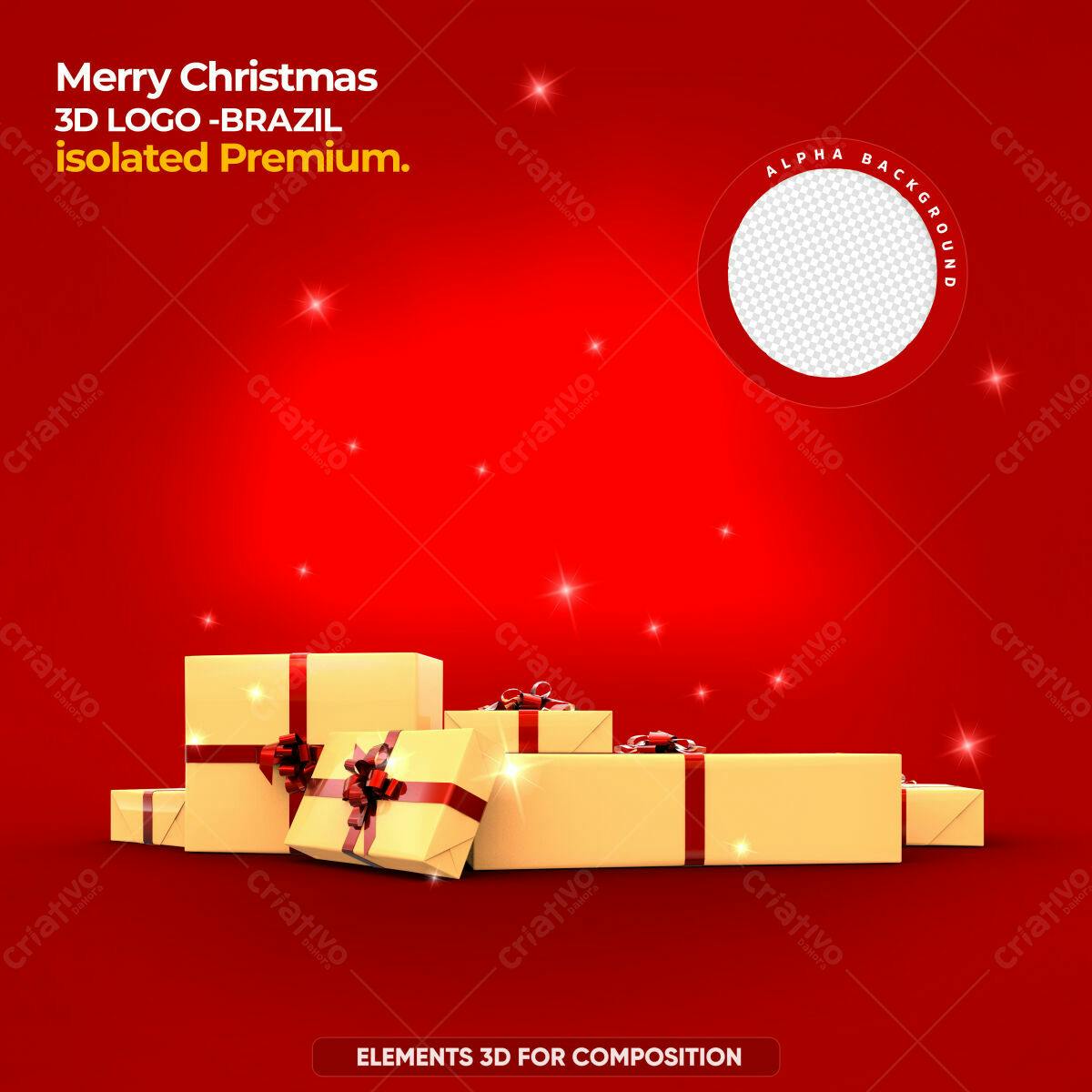 Selo 3D Natalino Presente Dourado e Vermelho
