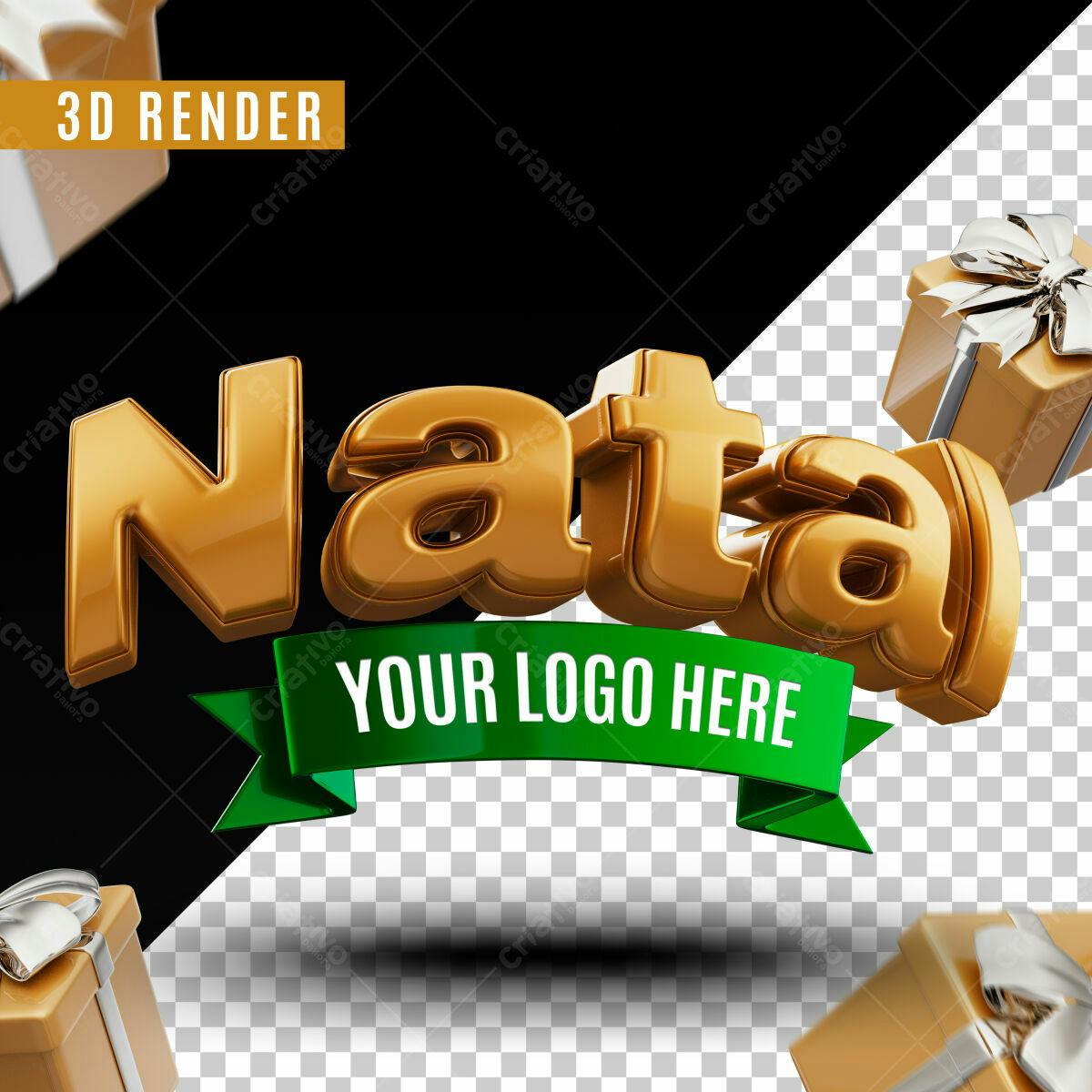 Selo 3D Natalino Dourado com Fita Verde
