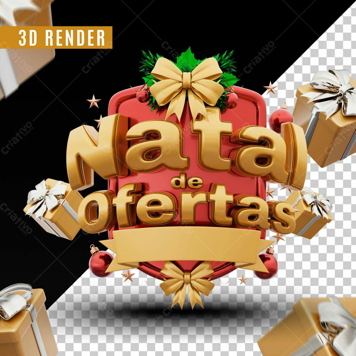 Selo 3D Natalino dourado e vermelho promocional