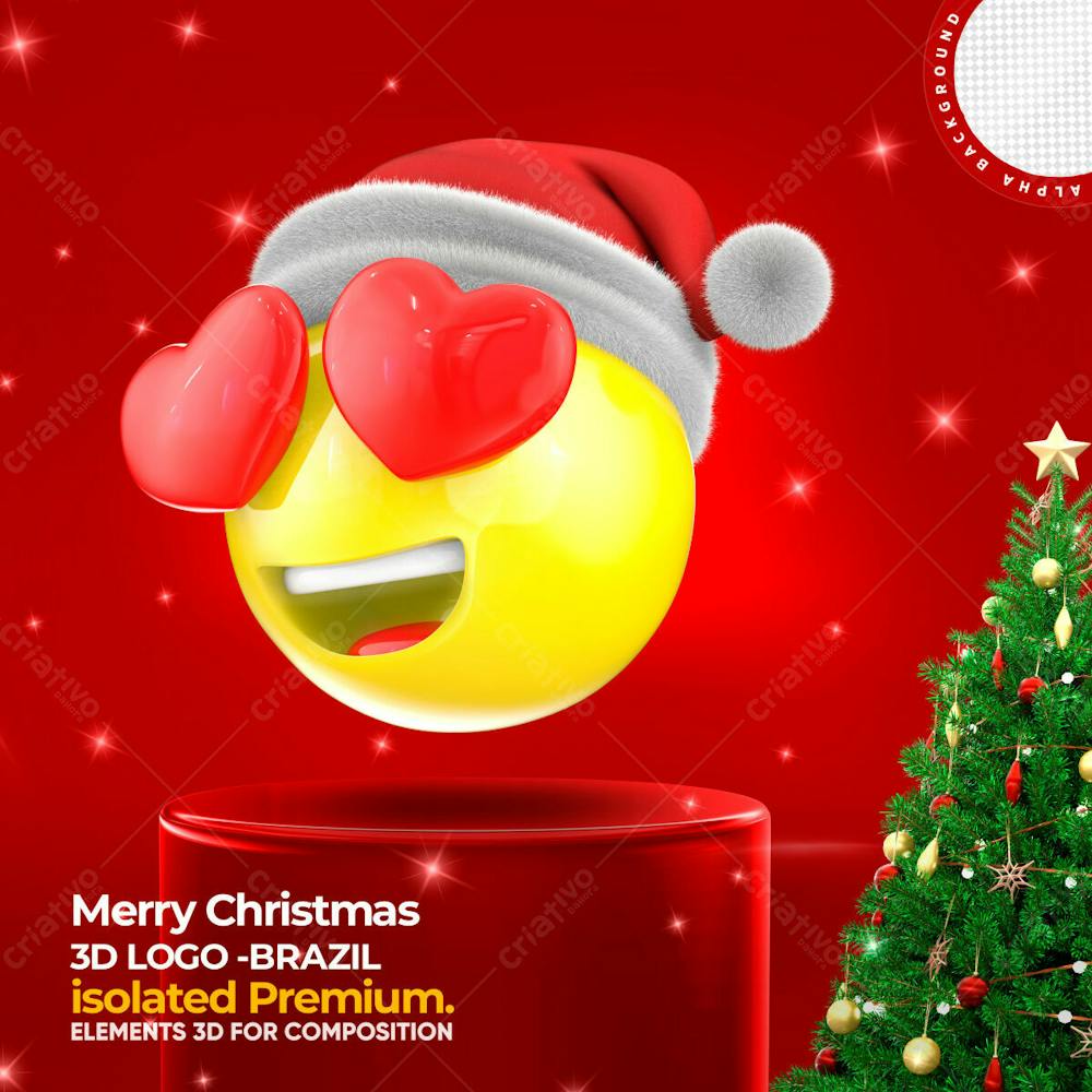 Elemento 3D Para Composicao Emoji Carinha Com Coracoes E Gorro De Natal Psd