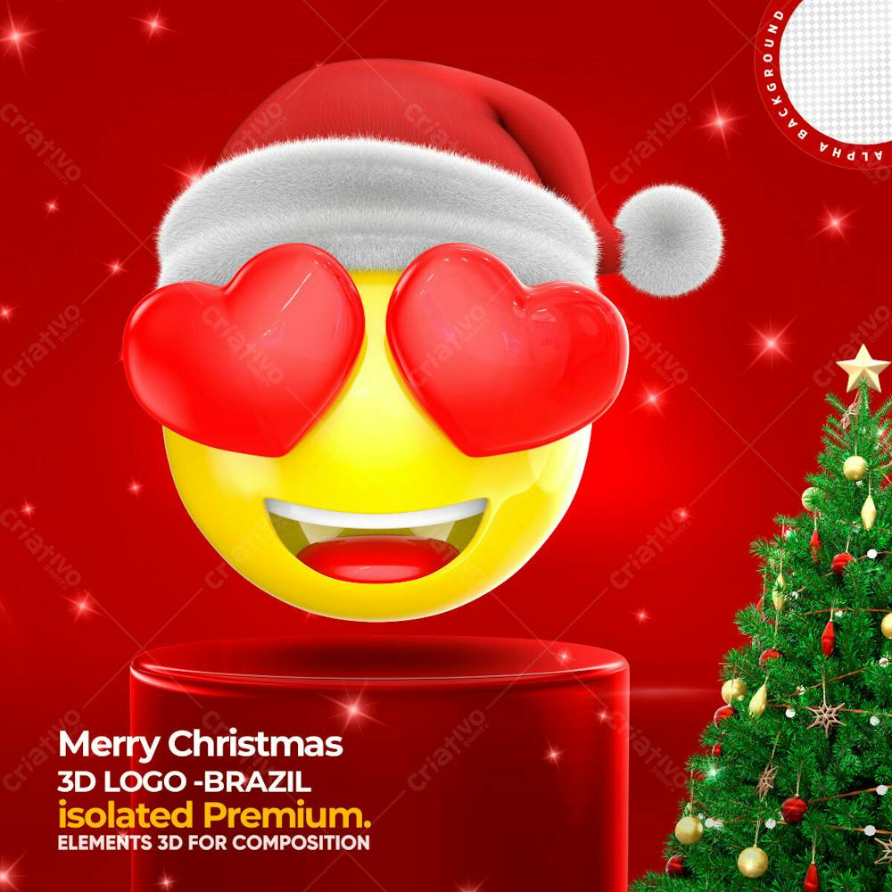 Elemento 3D Para Composicao Emoji Carinha Com Coracoes E Gorro De Natal Psd