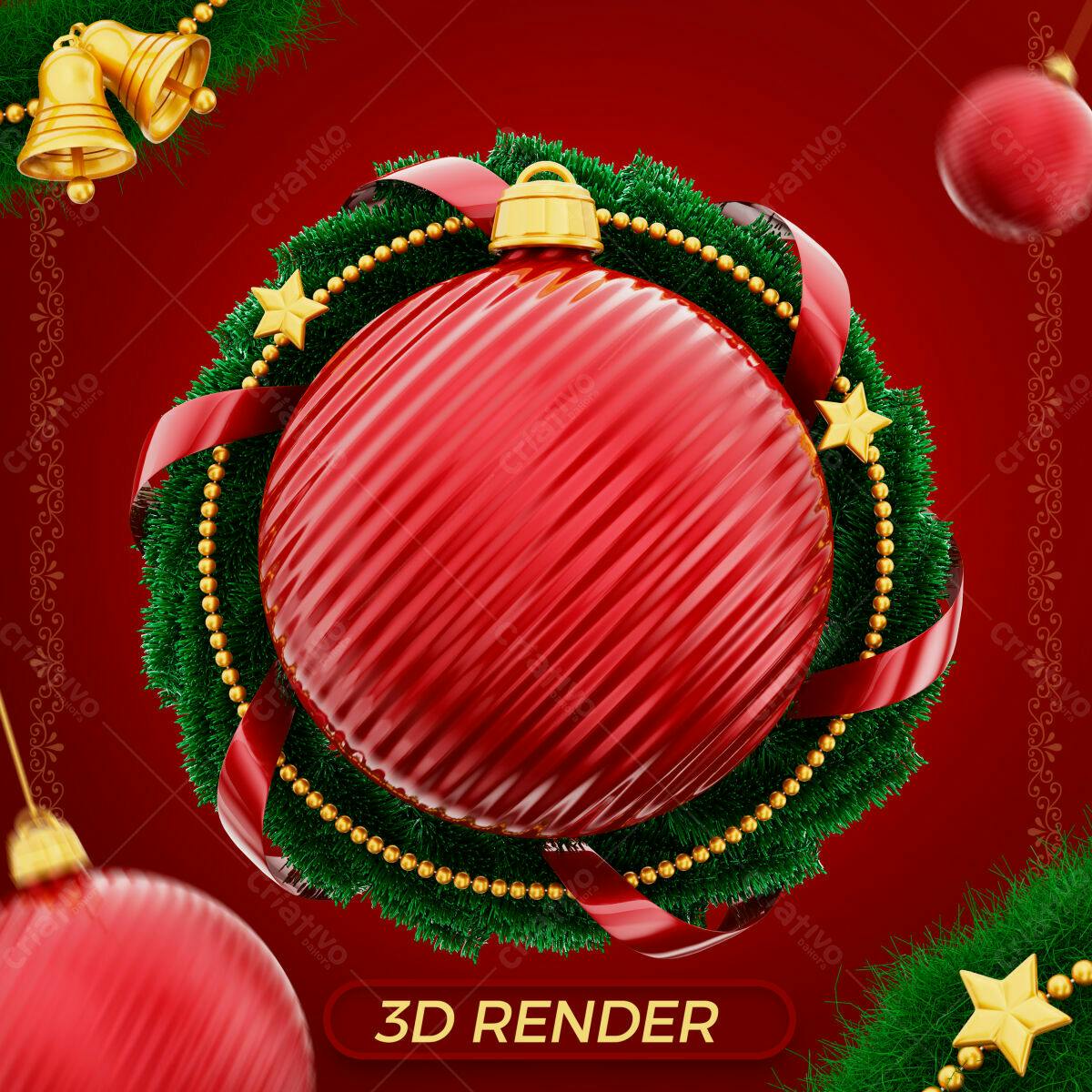 Selo 3D Natalino Esfera Vermelha e Dourada